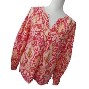 LOFT! HOT PINK, ORANGE, & WHITE INDIA PRINT V-NECK, LONG POUF SLEEVE TOP! SZ LP